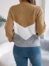 Women Casual Color Block Cable Knit Lantern Sleeve Pullover Sweater