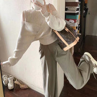 Women's Half Turtleneck Off Shoulder Fake Two Pieces Hollow-out Knitted Sweater