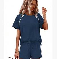 Womens Round-Neck Short-Sleeve Casual Shorts Two-Piece Set