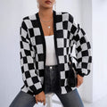 Womens Casual Loose Sweater Coat With A Checkerboard Pattern
