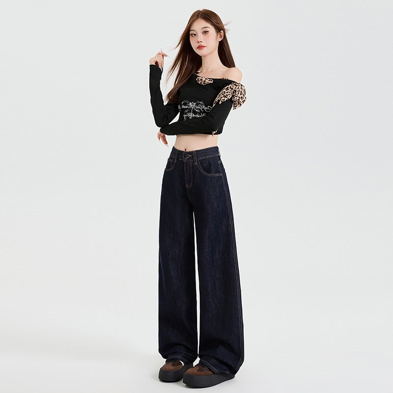 Vintage Blue High Waist Velvet Padded Straight Jeans