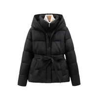 Women's Short Waist-cinching Slim-fit Hooded Tie-front Warm Coat