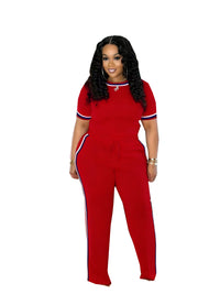 European And American SpringSummer Fashion Womens Trendy Patchwork Ribbed Contrasting Color Casual Two-Piece Set