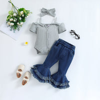 Summer Girls' Suit Ins Clothes For Babies Short Sleeve Strappy Romper Denim Bell-bottom Pants