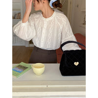 Womens Solid-Color Designer-Look Lace Lantern-Sleeve Shirt