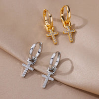 Cross Eardrops 18K Gold Plating Women's Zircon Stud Earrings
