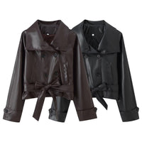 Trendy Wild Two-color Double Breasted Short Lace Up Leather Coat