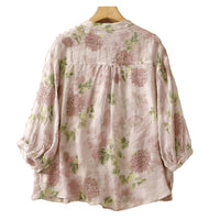 Sweet Doll Shirt With A Round Neck Three-quarter Sleeves And A Delicate Peony Floral Print On Ramie Fabric