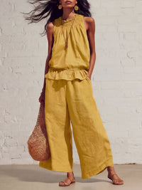 Retro Ruffled Cotton-Linen Two-Piece Set