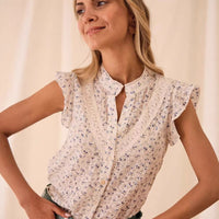 Womens Printed Floral Lace-Patchwork Cap Sleeve Shirt