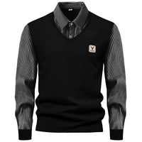 Autumn And Winter New Men's Long-sleeved Fake Two-piece Fashion Fleece-lined Striped Shirt