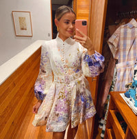 Womens Printed Buttoned Waistband Long-Sleeve Dress