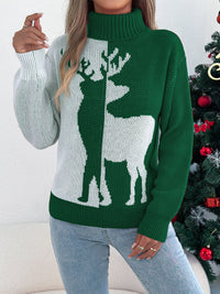Color Block Deer Lantern Sleeve Turtleneck Pullover Sweater