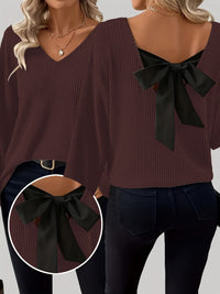 Contrast-color Satin Ribbon Bow Backless Drop-shoulder Long-sleeve Top