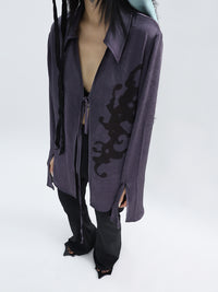 Pleated Satin Abstract Printing Vintage Lace-up Purple Shirt