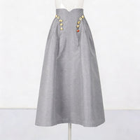 Irregularly Shaped Button-decorated Pleated Midi Skirt