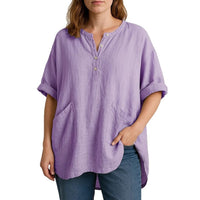 Women's Casual Cropped Sleeve V-neck Solid Color Cotton And Linen Shirt