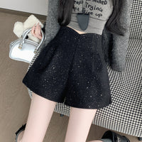 Black Shimmering Sequin Wool Shorts Autumnwinter With A High-end Aesthetic