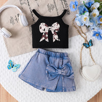 Sweet Cool Female Children's Suit Children Bow Print Sling Irregular Pantskirt