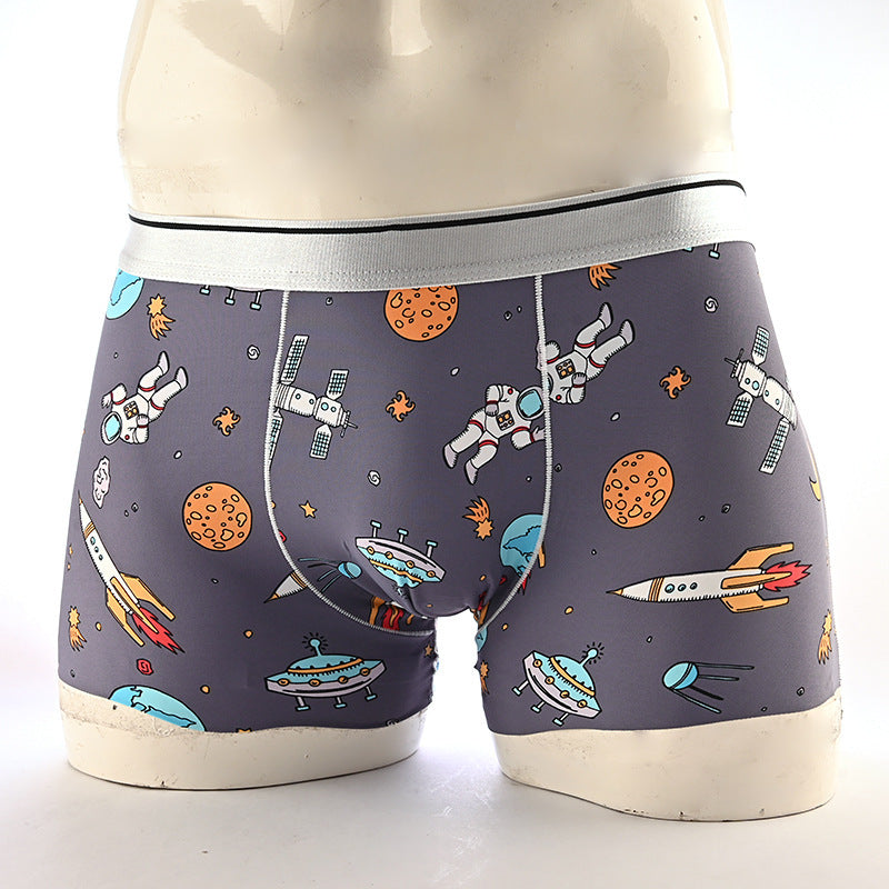 Cartoon Men's Boxer Panties Ice Silk Print Floral Mid-waist Breathable Boxers