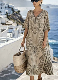 Women'S Casual Color-Block Cotton And Linen Dress