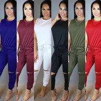 Fashion Casual Zipper Drawstring Digging Knee Broken Wind One-piece Skinny Trousers Jumpsuit Women