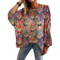 Bat Loose Off-shoulder Boat Neck Diamond Hollow-out Contrast Color Christmas Print Knitted Sweater
