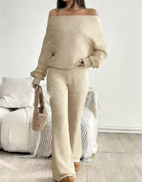 Sequined Off-the-Shoulder Long Solid-Color Womens Suit