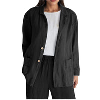 Loose-fit Solid-color Long-sleeve Cotton-linen Coat With Buttons For Women