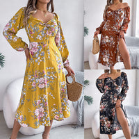 Womens Sexy Lace-Up Knot-Details Floral Long-Sleeve Slit Dress