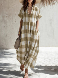 Plaid V-neck Long Cotton-Linen Dress