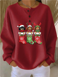 Womens Retro Printed Three-Button Stand-Up Collar Sweatshirt Top