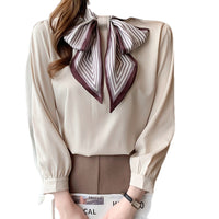 Lady Temperament Satin Striped Shirt With Ribbon