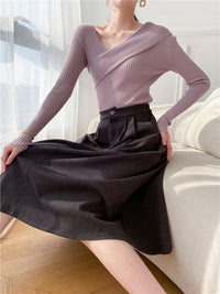 Crossbody Off-the-shoulder V-neck Cross-wire Knitted Sweater