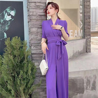 Elegant Temperament Pure Color High Waist Slimming Lace-up Wide Leg Jumpsuit