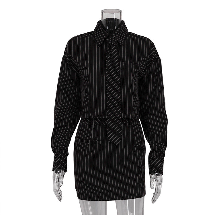 Striped Long Sleeve Tie Shirt Outfit Package Hip Skirt Two-piece Set