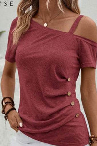 EMERY ROSE Asymmetrical Collar Button Detail T-Shirt