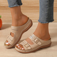 Women's Carved Belt Buckle Platform Wedge Lightweight Sandals