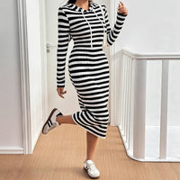 Hooded Drawstring Maxi Dress Black And White Striped
