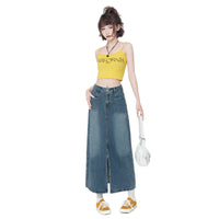 New High Waist Front Patch Pocket Denim Women's Bag Hip Skirt