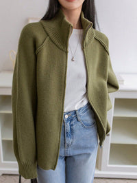 Solid Color Stand Collar Zipper Knitted Cardigan Top