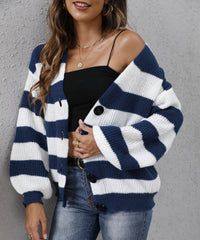 Women's Cardigan Striped Button Stitching Woven Sweater