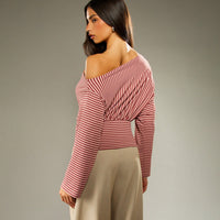Women's Elegant Fashionable Striped Off-Shoulder Casual Top