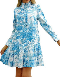 Elegant Floral Ruffled Pleated Long-Sleeve Dress