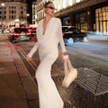 Pure White French Vintage Long Dress Deep V-Neck One-Piece Dress