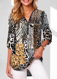 V-neck Zipper Long Sleeve Rollable Sleeves Loose Shirt