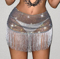 Half-length Tassel Stitching Fishnet Rhinestone Elastic Skirt