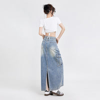 Women's A- Line Denim Skirt Fashion Wash Long Skirt