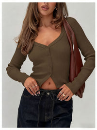 Women's European And American-style Long-sleeved Slim-fit Cropped Knit Top
