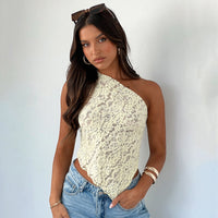 Lace Diagonal Collar Cardigan Loose Stitched Backless Solid Color Top